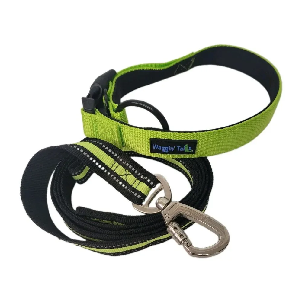Waggin' Tails Dog Collar & Reflective Dog Leash Matching Set Neon Green Black